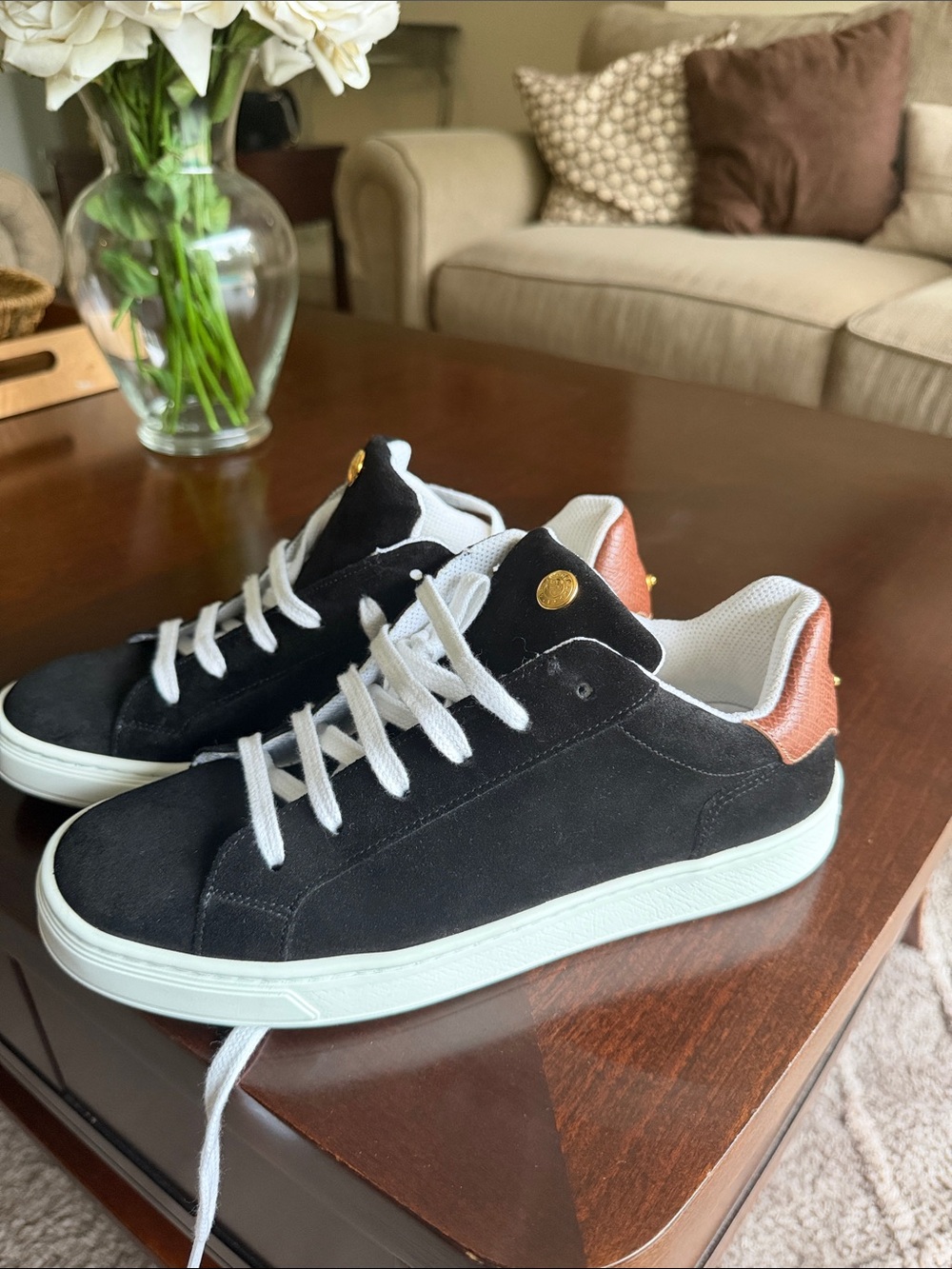 Longchamp Le Pliage LowTop Black suede brown leather preppy sneakers size 40 NWT
